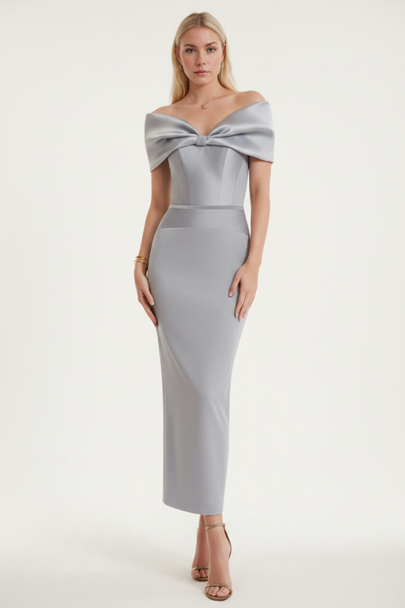 Sheath/Column Off-the-Shoulder Ankle-Length Ruched Cocktail Dresses with Bow