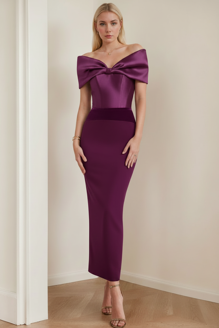 Sheath/Column Off-the-Shoulder Ankle-Length Ruched Cocktail Dresses with Bow