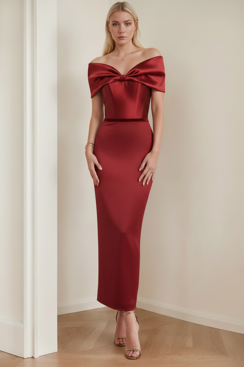 Sheath/Column Off-the-Shoulder Ankle-Length Ruched Cocktail Dresses with Bow