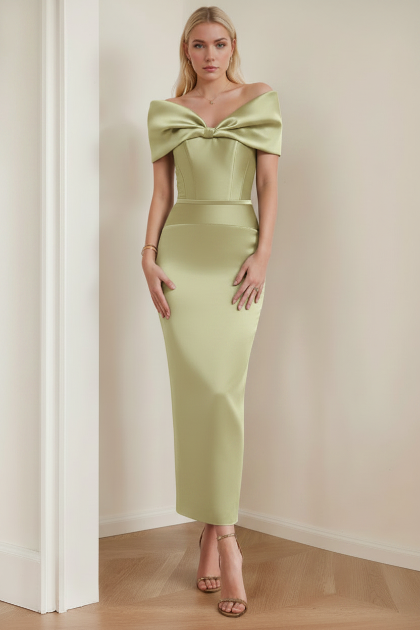Sheath/Column Off-the-Shoulder Ankle-Length Ruched Cocktail Dresses with Bow