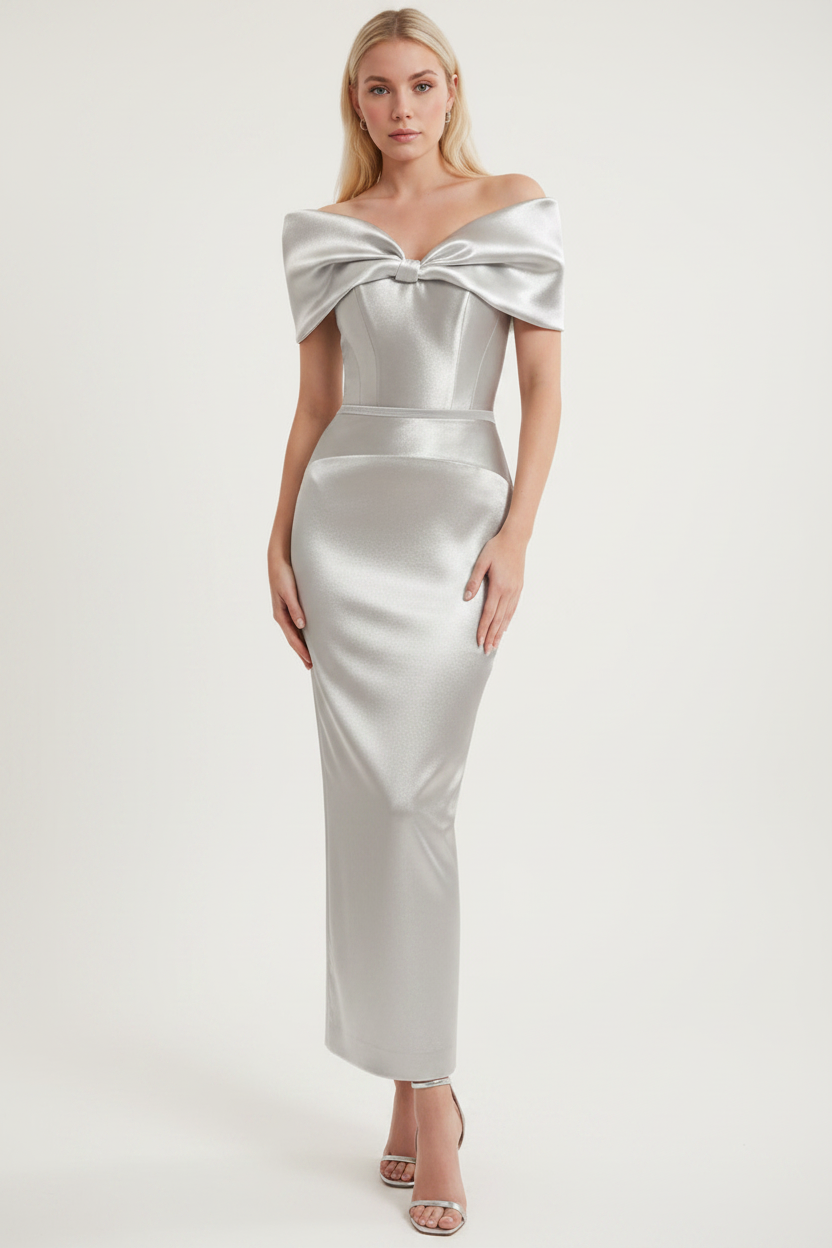 Sheath/Column Off-the-Shoulder Ankle-Length Ruched Cocktail Dresses with Bow