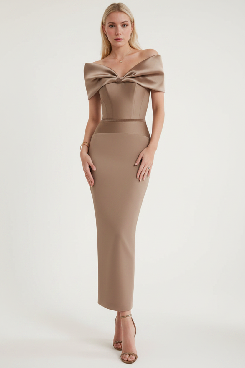 Sheath/Column Off-the-Shoulder Ankle-Length Ruched Cocktail Dresses with Bow
