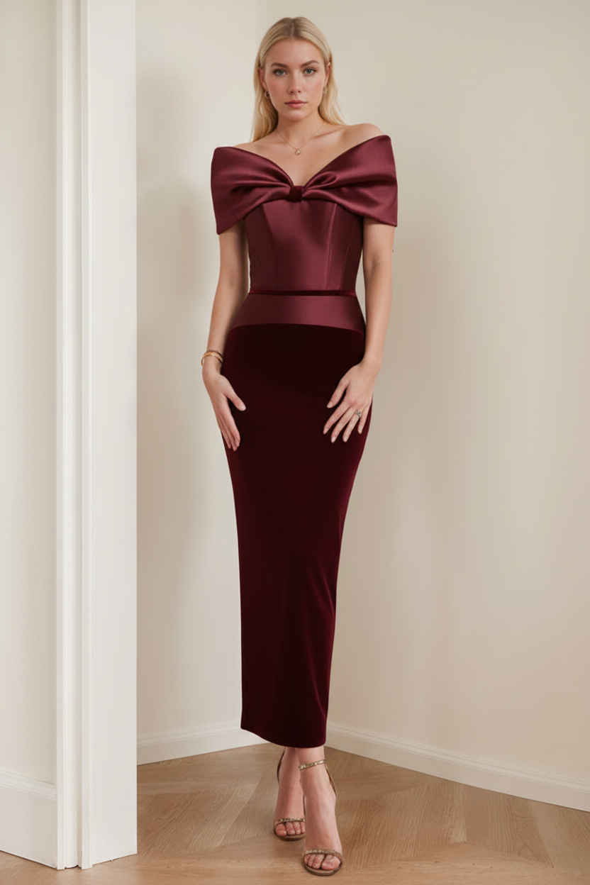 Sheath/Column Off-the-Shoulder Ankle-Length Ruched Cocktail Dresses with Bow