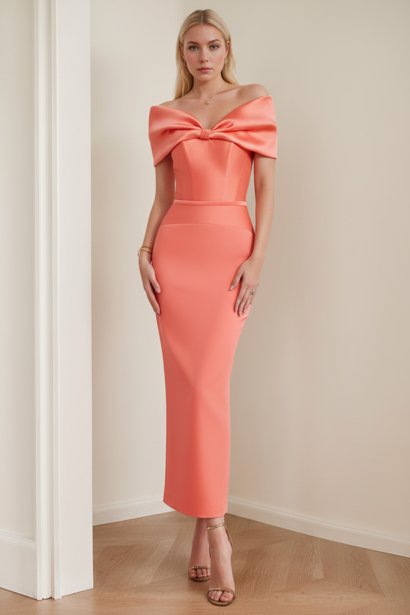 Sheath/Column Off-the-Shoulder Ankle-Length Ruched Cocktail Dresses with Bow