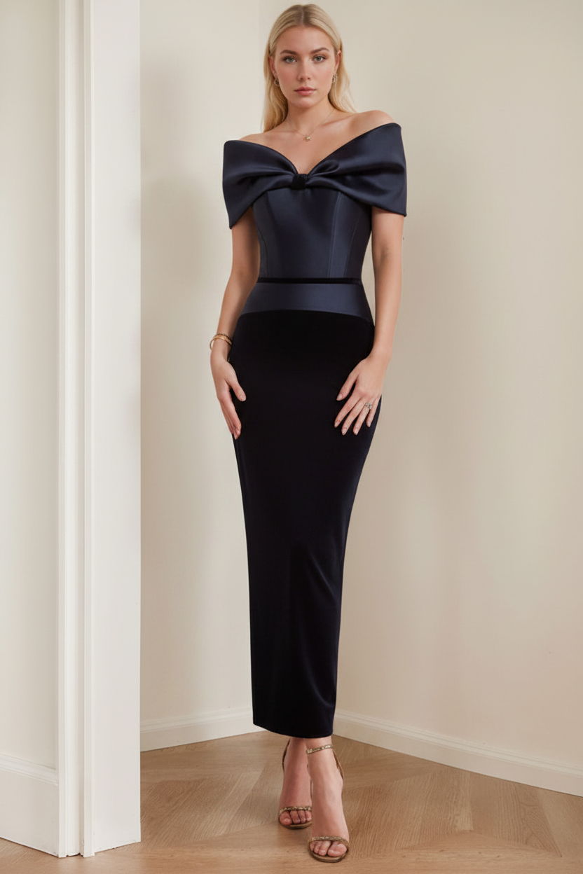 Sheath/Column Off-the-Shoulder Ankle-Length Ruched Cocktail Dresses with Bow