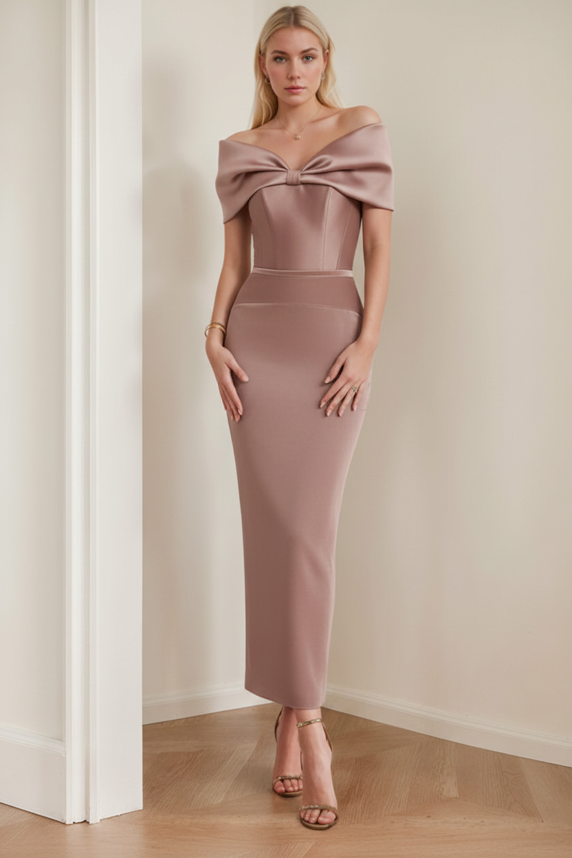 Sheath/Column Off-the-Shoulder Ankle-Length Ruched Cocktail Dresses with Bow
