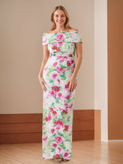 Sheath/Column Off-the-Shoulder Floor-Length Printed Floral Mother of the Bride Dresses with Ruches