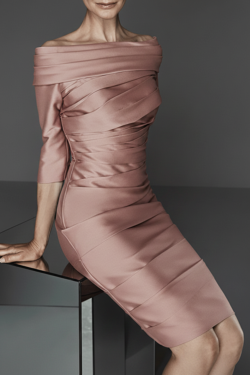 Sheath/Column Off-the-Shoulder Half Sleeves Knee-Length Satin Mother of the Bride Dresses