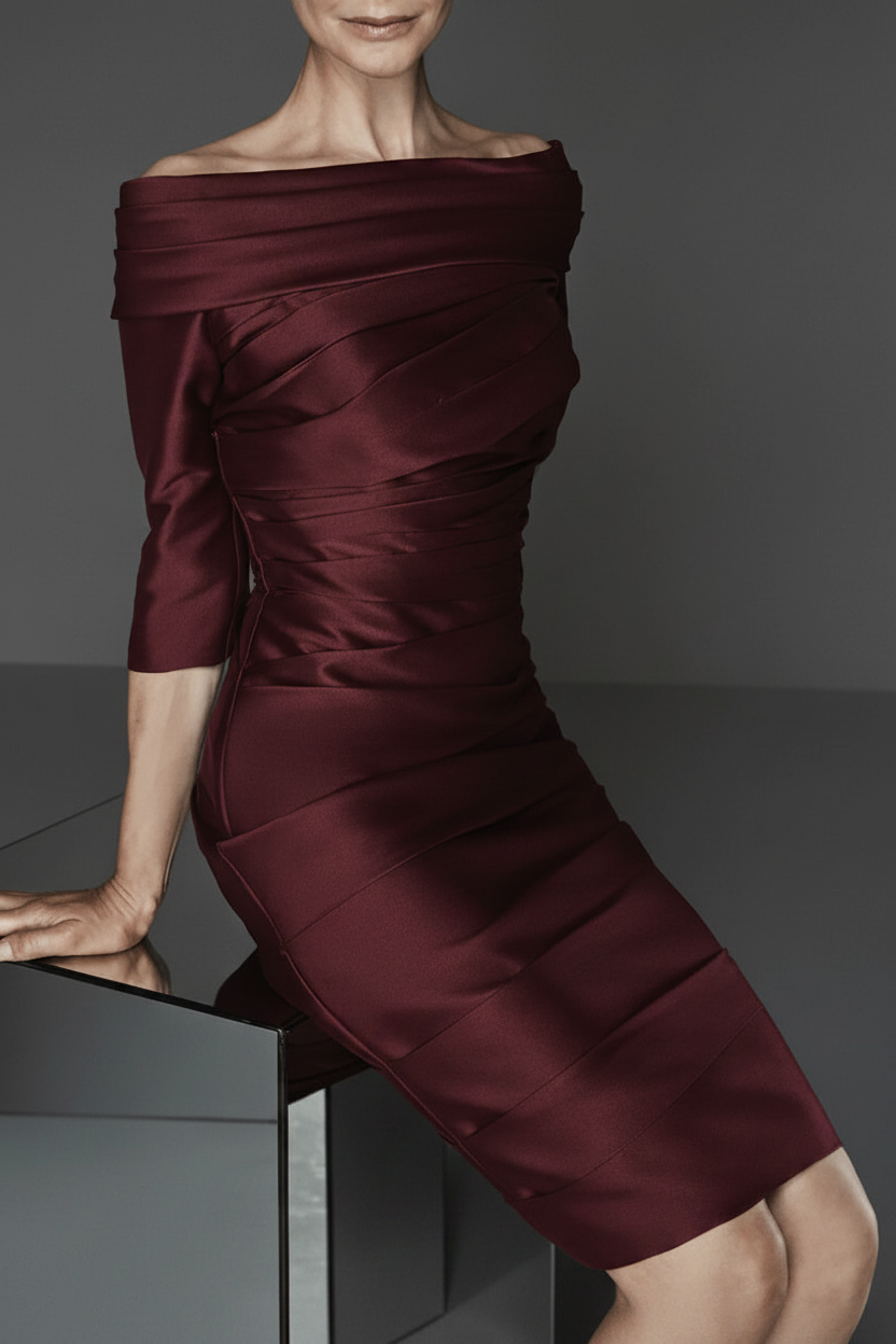 Sheath/Column Off-the-Shoulder Half Sleeves Knee-Length Satin Mother of the Bride Dresses