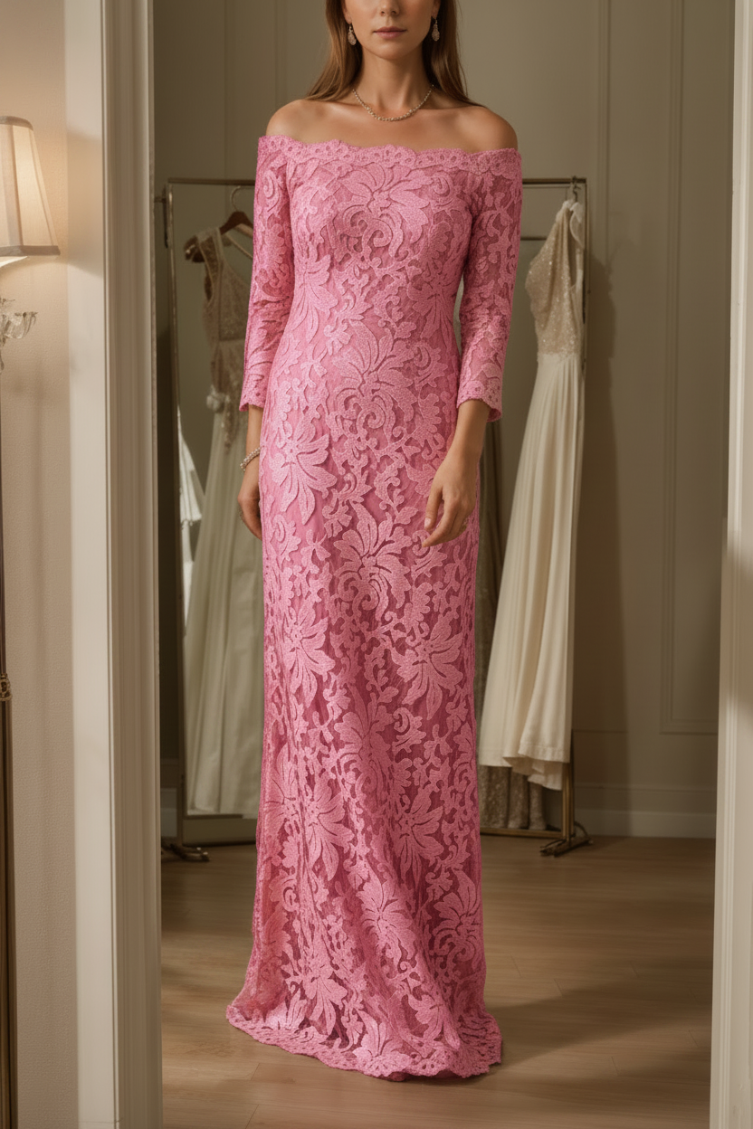 Sheath/Column Off-the-Shoulder Lace Mother of the Bride Dresses 3/4 Sleeves Floor-Length