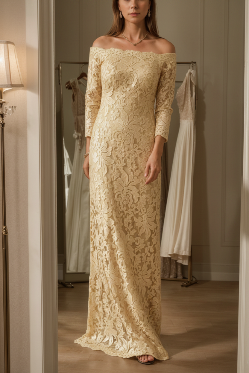 Sheath/Column Off-the-Shoulder Lace Mother of the Bride Dresses 3/4 Sleeves Floor-Length