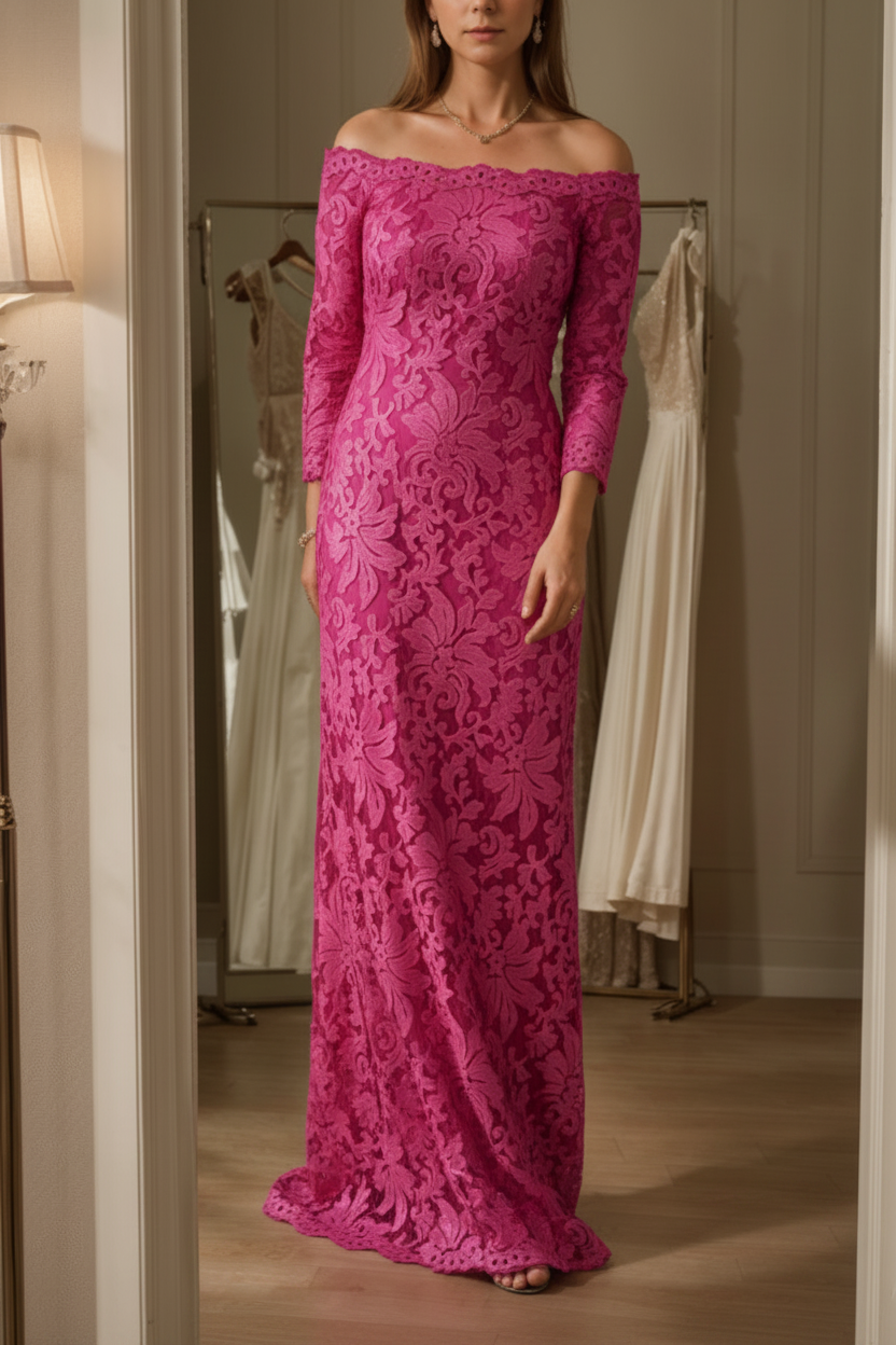 Sheath/Column Off-the-Shoulder Lace Mother of the Bride Dresses 3/4 Sleeves Floor-Length