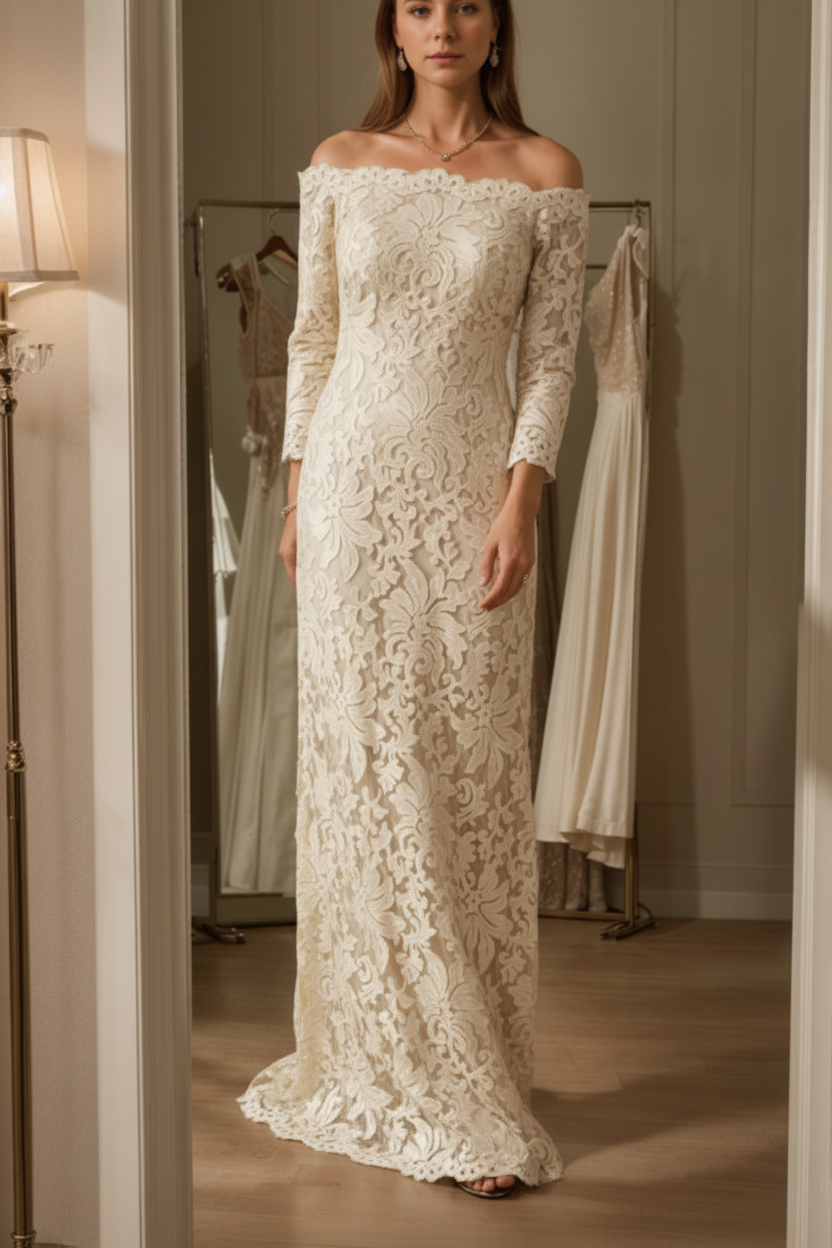 Sheath/Column Off-the-Shoulder Lace Mother of the Bride Dresses 3/4 Sleeves Floor-Length