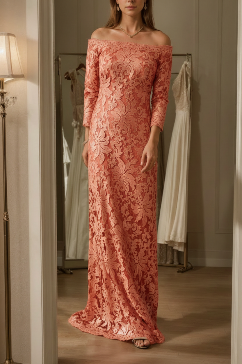 Sheath/Column Off-the-Shoulder Lace Mother of the Bride Dresses 3/4 Sleeves Floor-Length