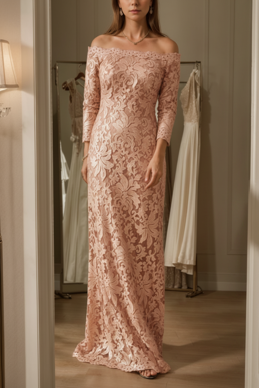 Sheath/Column Off-the-Shoulder Lace Mother of the Bride Dresses 3/4 Sleeves Floor-Length