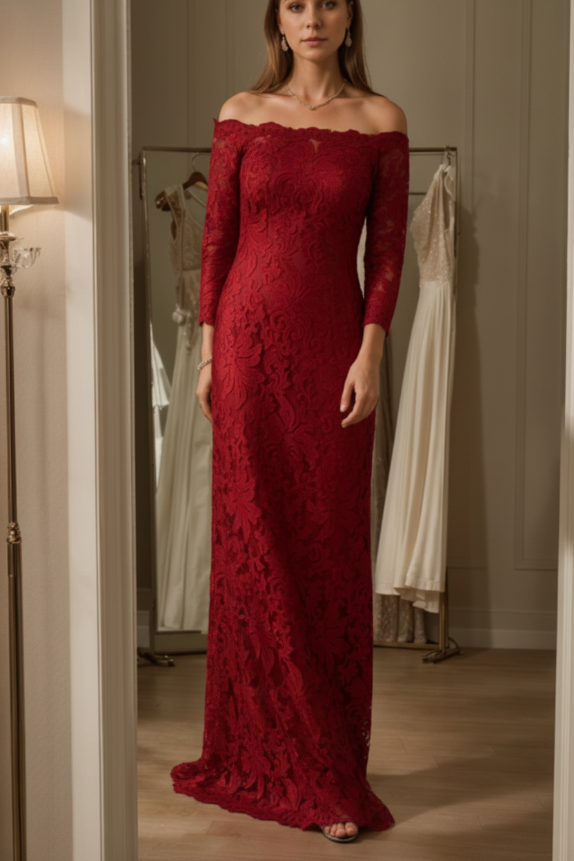 Sheath/Column Off-the-Shoulder Lace Mother of the Bride Dresses 3/4 Sleeves Floor-Length