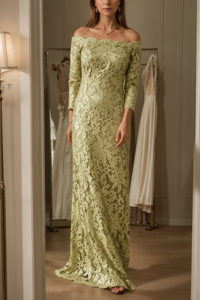 Sheath/Column Off-the-Shoulder Lace Mother of the Bride Dresses 3/4 Sleeves Floor-Length