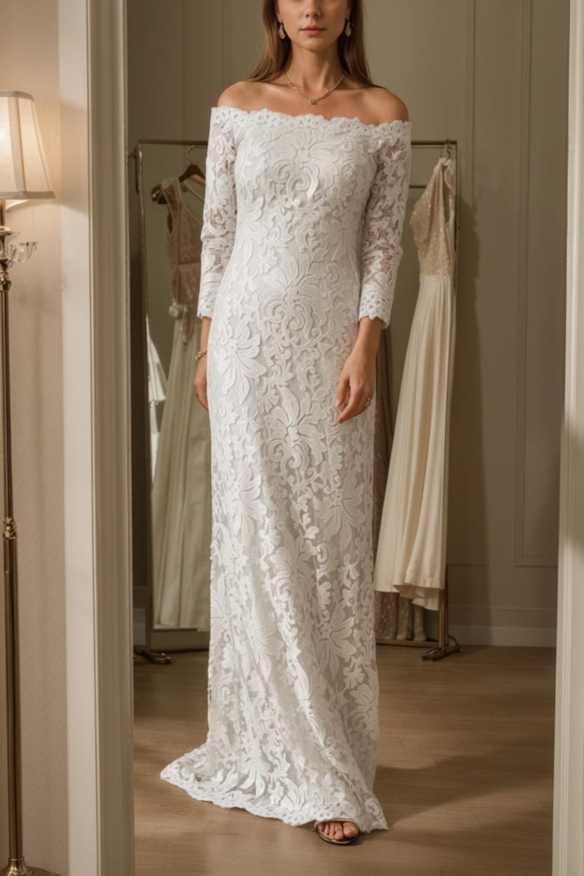 Sheath/Column Off-the-Shoulder Lace Mother of the Bride Dresses 3/4 Sleeves Floor-Length