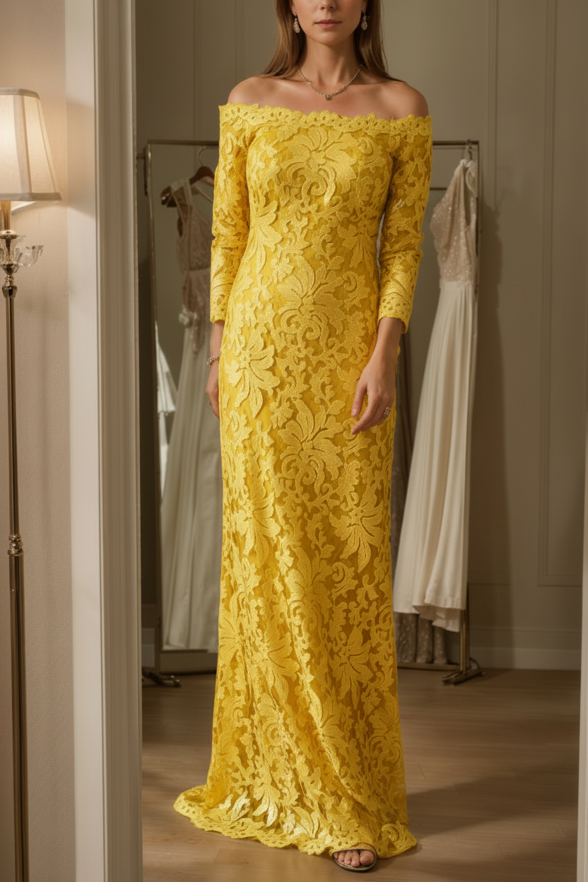 Sheath/Column Off-the-Shoulder Lace Mother of the Bride Dresses 3/4 Sleeves Floor-Length