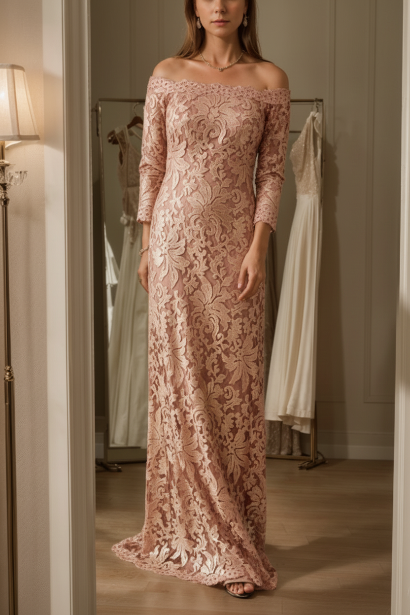 Sheath/Column Off-the-Shoulder Lace Mother of the Bride Dresses 3/4 Sleeves Floor-Length
