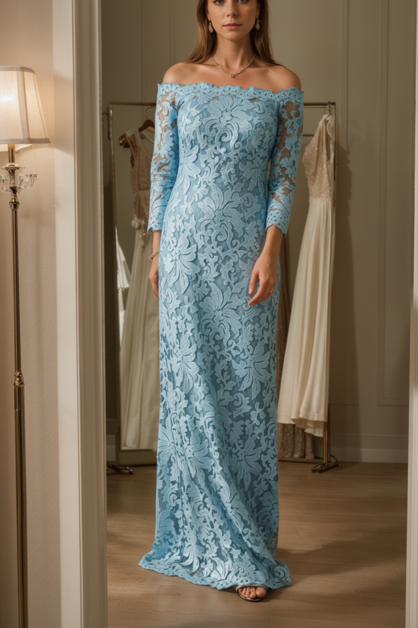 Sheath/Column Off-the-Shoulder Lace Mother of the Bride Dresses 3/4 Sleeves Floor-Length