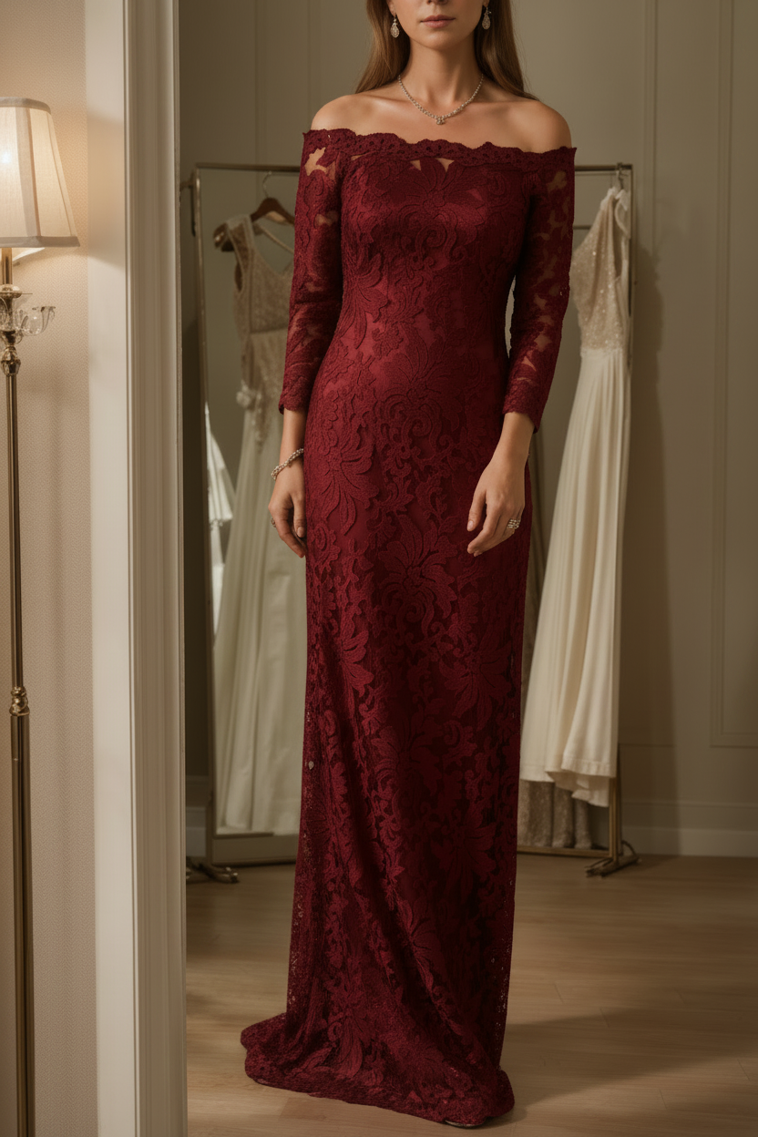 Sheath/Column Off-the-Shoulder Lace Mother of the Bride Dresses 3/4 Sleeves Floor-Length