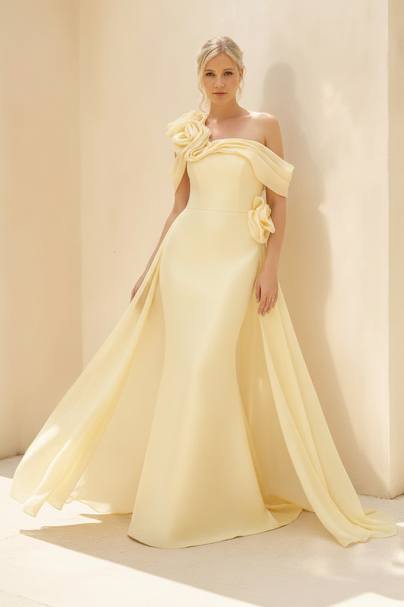 Sheath/Column Off-the-Shoulder Long Sleeves Floor-Length Mother of the Bride & Groom Dresses with Flower & Overskirt