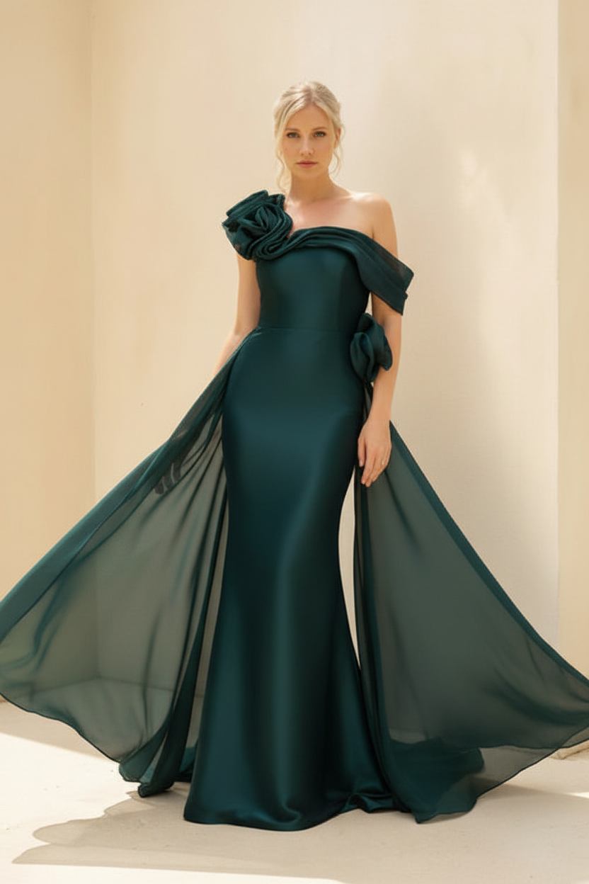 Sheath/Column Off-the-Shoulder Long Sleeves Floor-Length Mother of the Bride & Groom Dresses with Flower & Overskirt