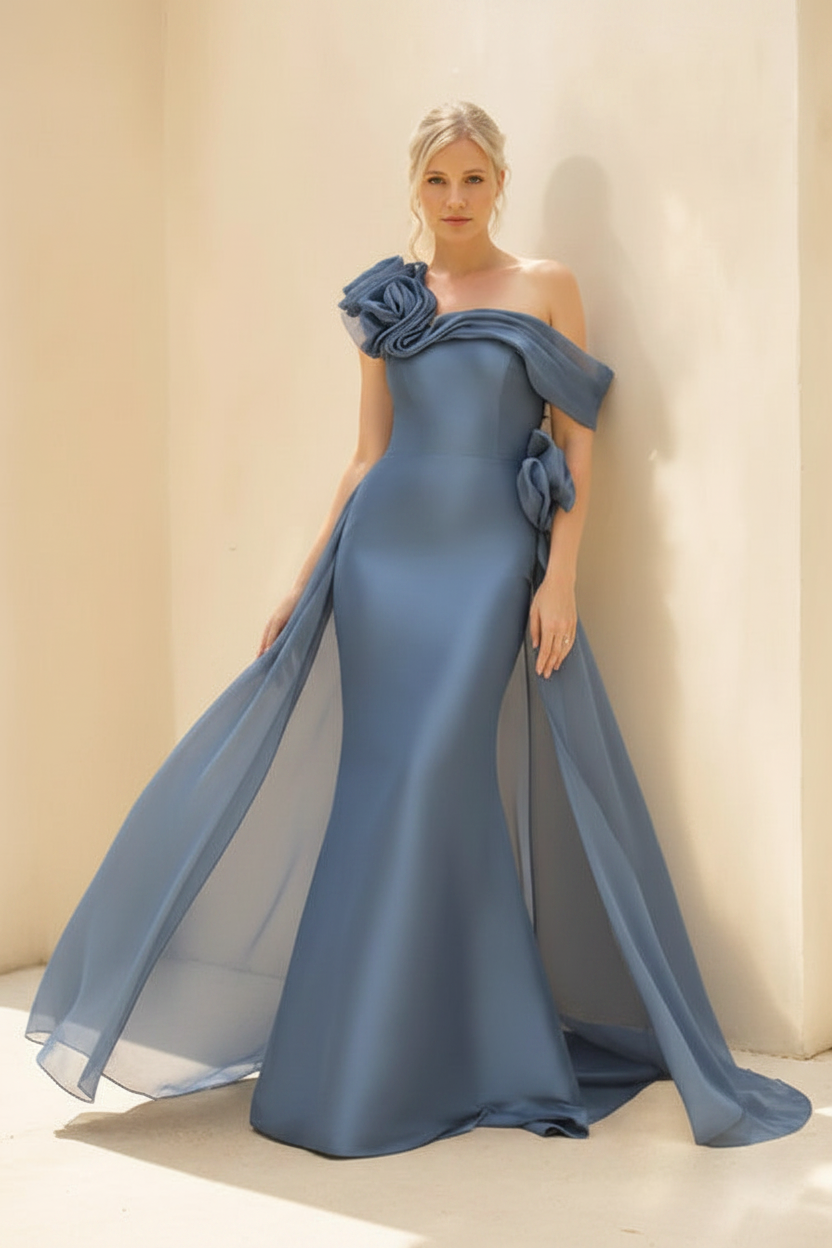 Sheath/Column Off-the-Shoulder Long Sleeves Floor-Length Mother of the Bride & Groom Dresses with Flower & Overskirt