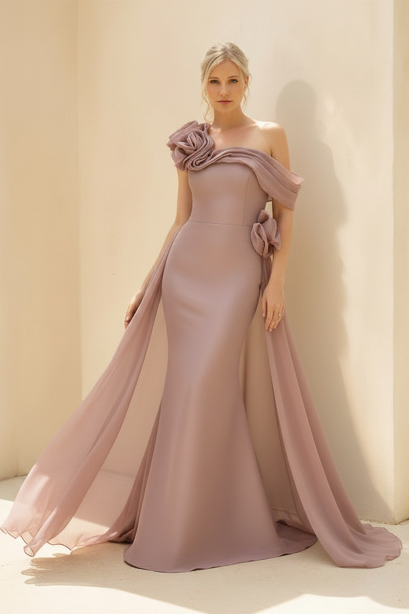 Sheath/Column Off-the-Shoulder Long Sleeves Floor-Length Mother of the Bride & Groom Dresses with Flower & Overskirt