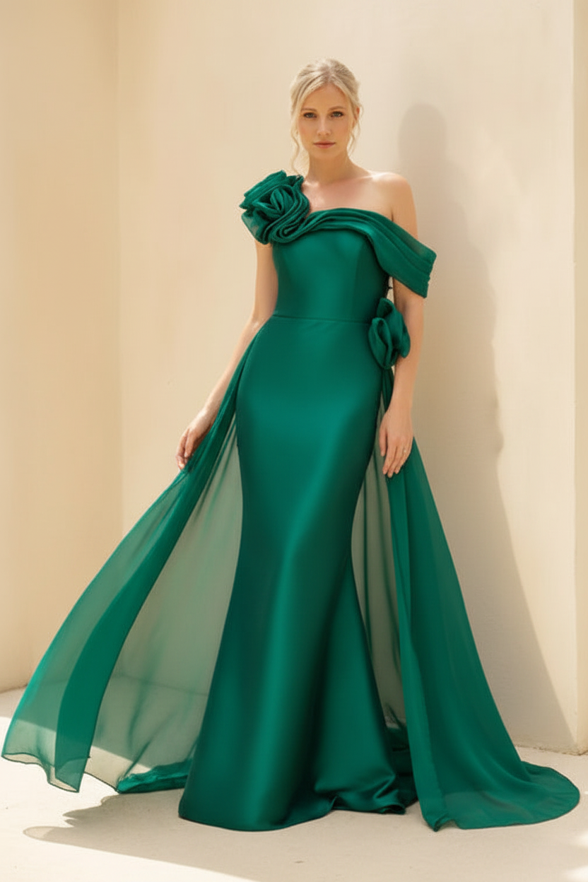 Sheath/Column Off-the-Shoulder Long Sleeves Floor-Length Mother of the Bride & Groom Dresses with Flower & Overskirt