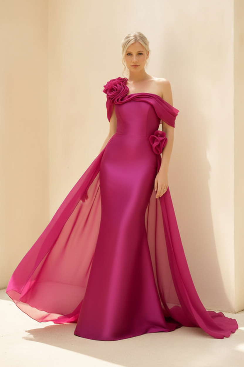 Sheath/Column Off-the-Shoulder Long Sleeves Floor-Length Mother of the Bride & Groom Dresses with Flower & Overskirt