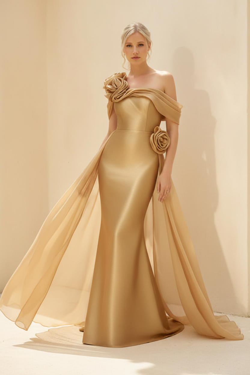 Sheath/Column Off-the-Shoulder Long Sleeves Floor-Length Mother of the Bride & Groom Dresses with Flower & Overskirt