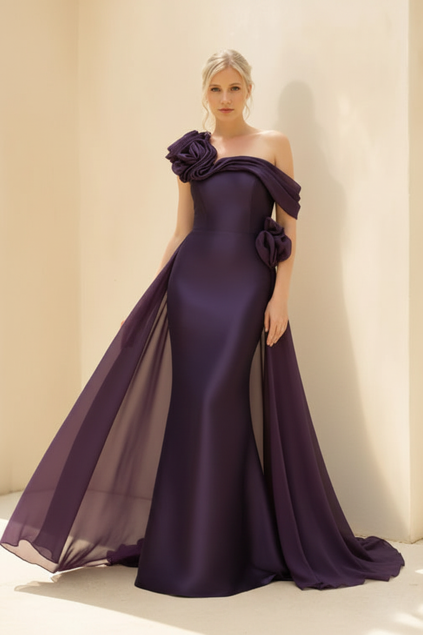 Sheath/Column Off-the-Shoulder Long Sleeves Floor-Length Mother of the Bride & Groom Dresses with Flower & Overskirt