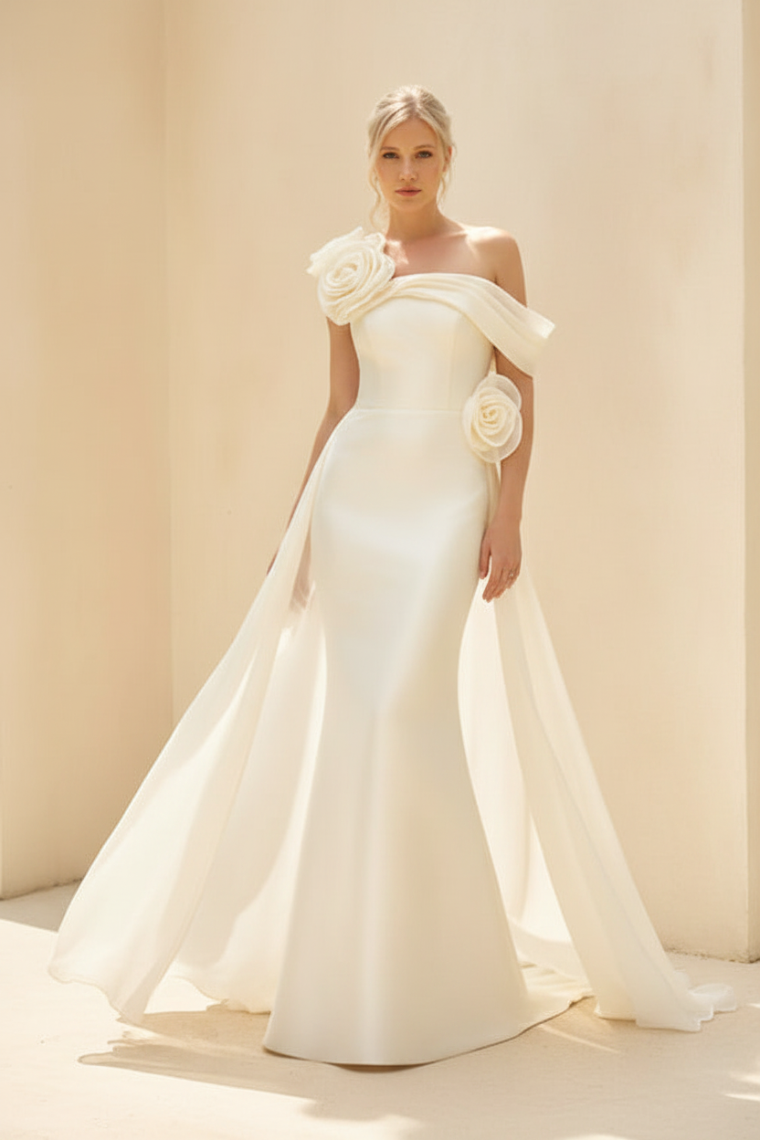 Sheath/Column Off-the-Shoulder Long Sleeves Floor-Length Mother of the Bride & Groom Dresses with Flower & Overskirt