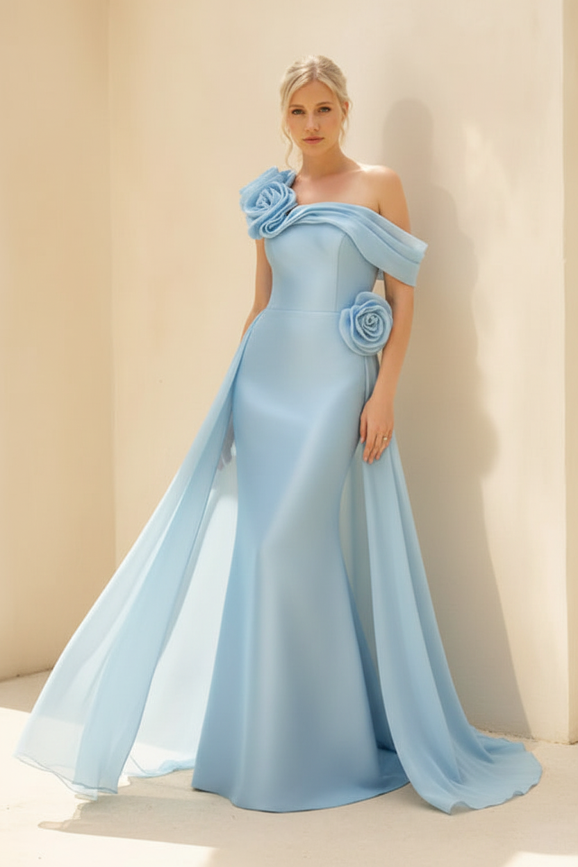 Sheath/Column Off-the-Shoulder Long Sleeves Floor-Length Mother of the Bride & Groom Dresses with Flower & Overskirt