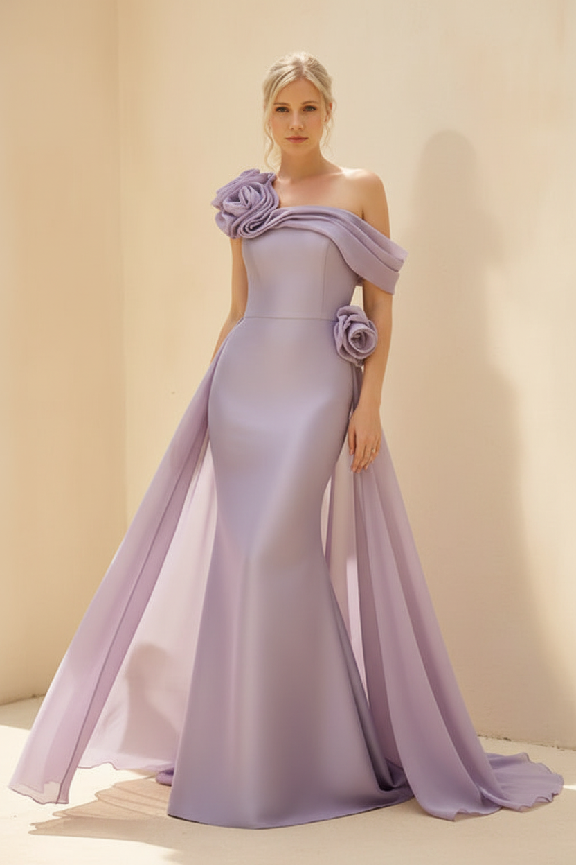 Sheath/Column Off-the-Shoulder Long Sleeves Floor-Length Mother of the Bride & Groom Dresses with Flower & Overskirt