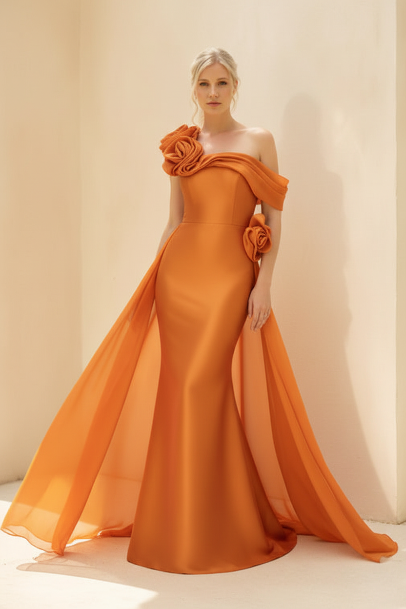 Sheath/Column Off-the-Shoulder Long Sleeves Floor-Length Mother of the Bride & Groom Dresses with Flower & Overskirt