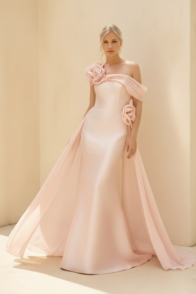 Sheath/Column Off-the-Shoulder Long Sleeves Floor-Length Mother of the Bride & Groom Dresses with Flower & Overskirt