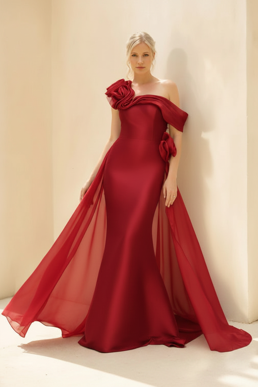 Sheath/Column Off-the-Shoulder Long Sleeves Floor-Length Mother of the Bride & Groom Dresses with Flower & Overskirt