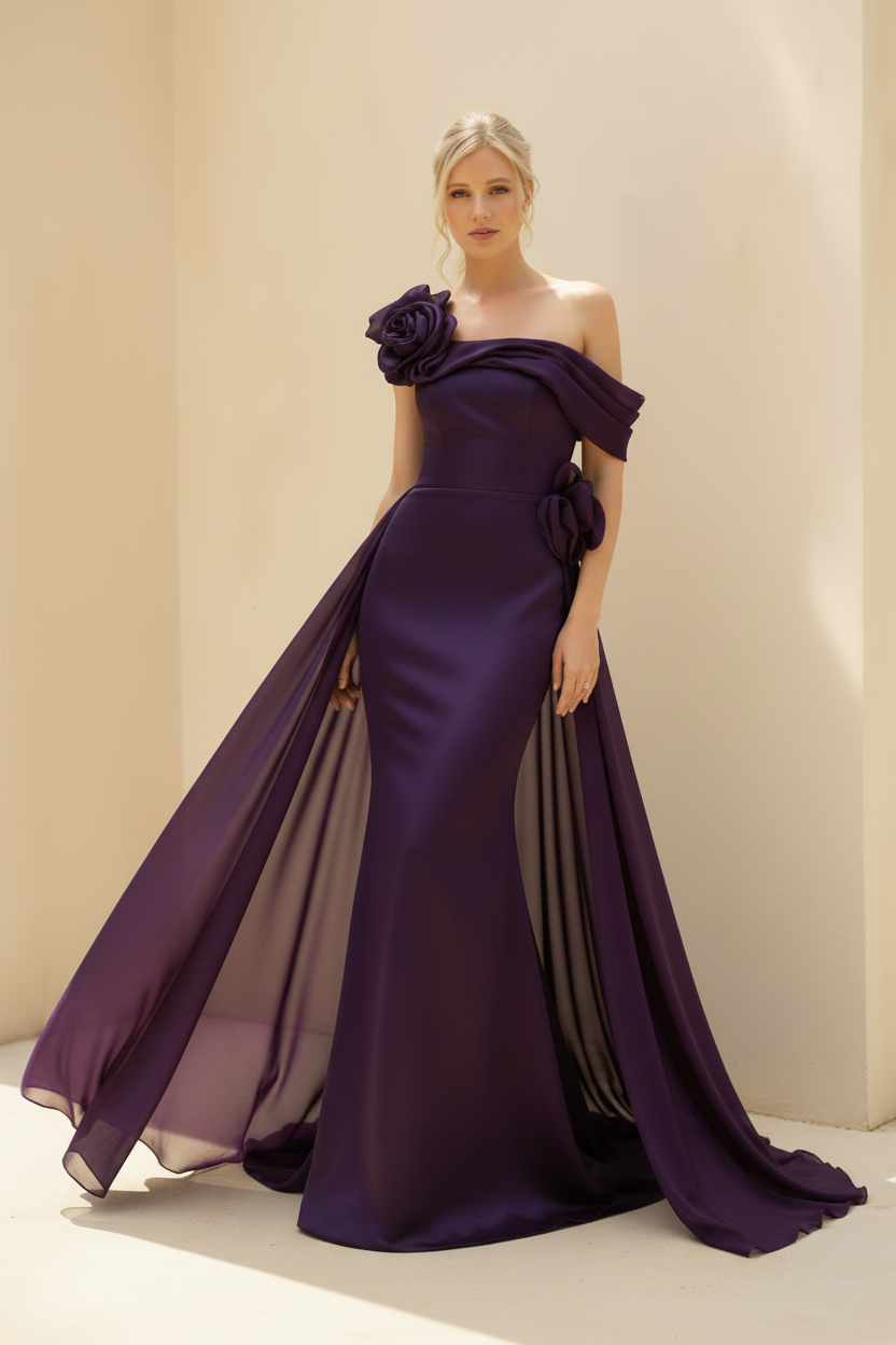 Sheath/Column Off-the-Shoulder Long Sleeves Floor-Length Mother of the Bride & Groom Dresses with Flower & Overskirt