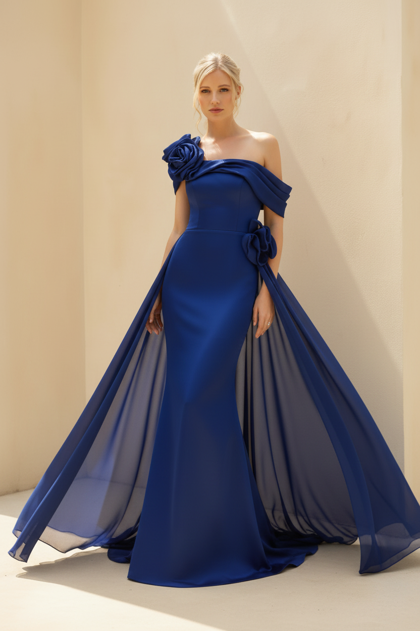 Sheath/Column Off-the-Shoulder Long Sleeves Floor-Length Mother of the Bride & Groom Dresses with Flower & Overskirt