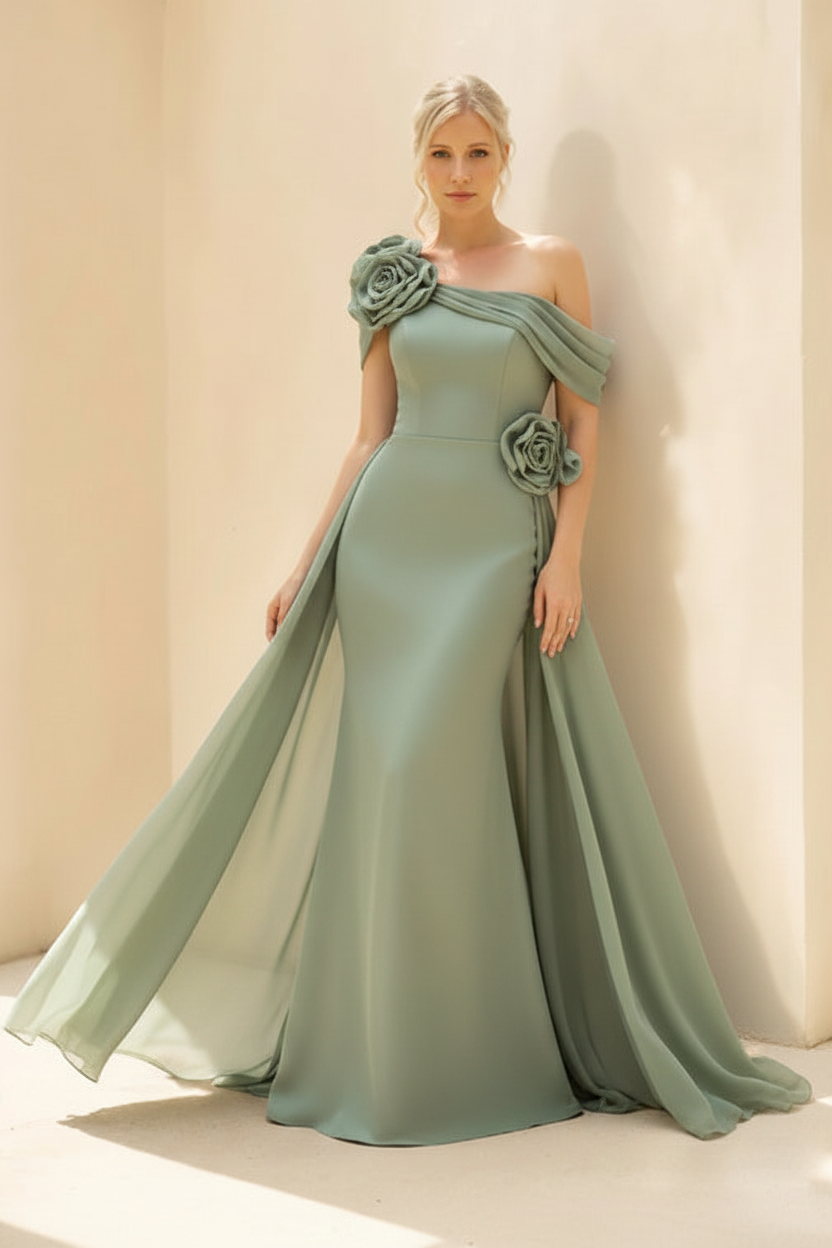Sheath/Column Off-the-Shoulder Long Sleeves Floor-Length Mother of the Bride & Groom Dresses with Flower & Overskirt