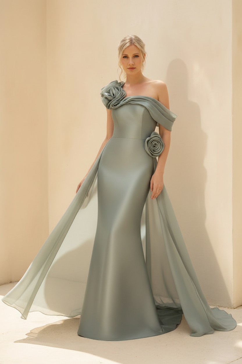 Sheath/Column Off-the-Shoulder Long Sleeves Floor-Length Mother of the Bride & Groom Dresses with Flower & Overskirt