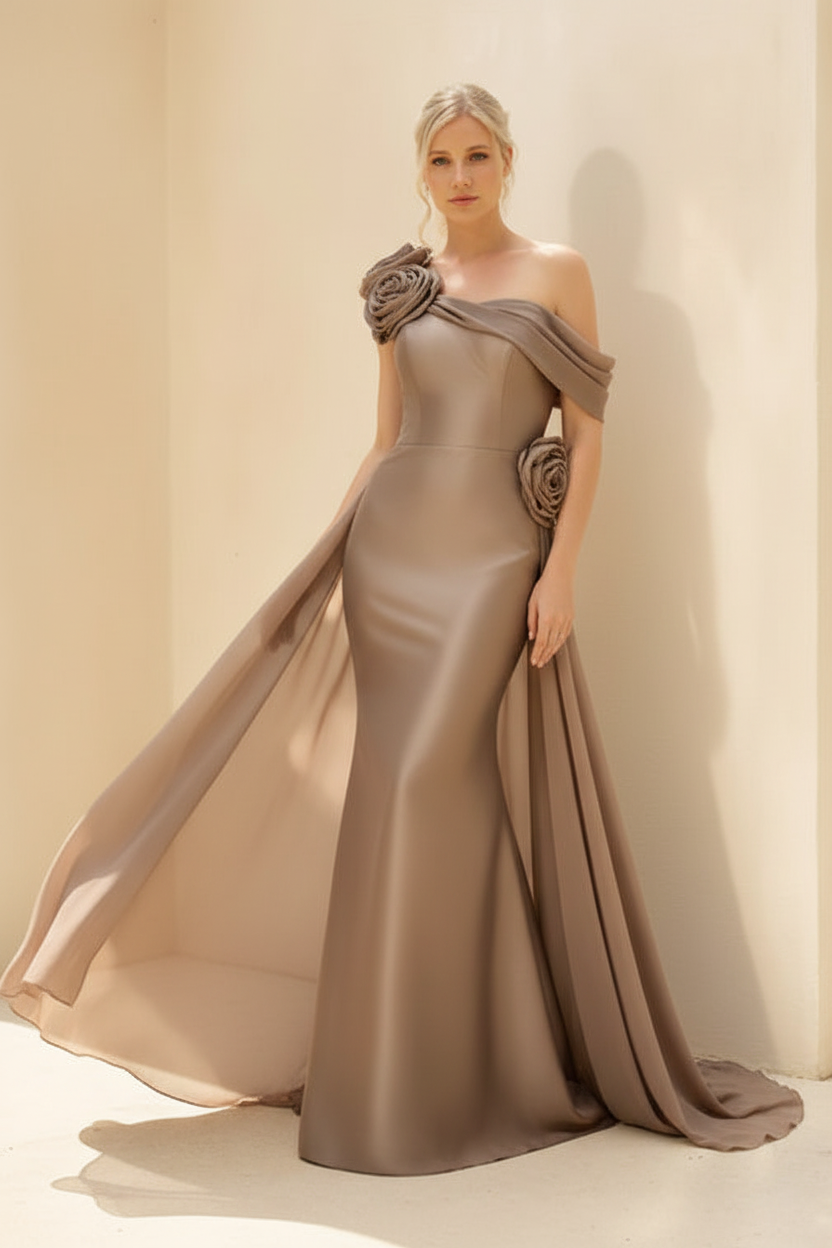Sheath/Column Off-the-Shoulder Long Sleeves Floor-Length Mother of the Bride & Groom Dresses with Flower & Overskirt