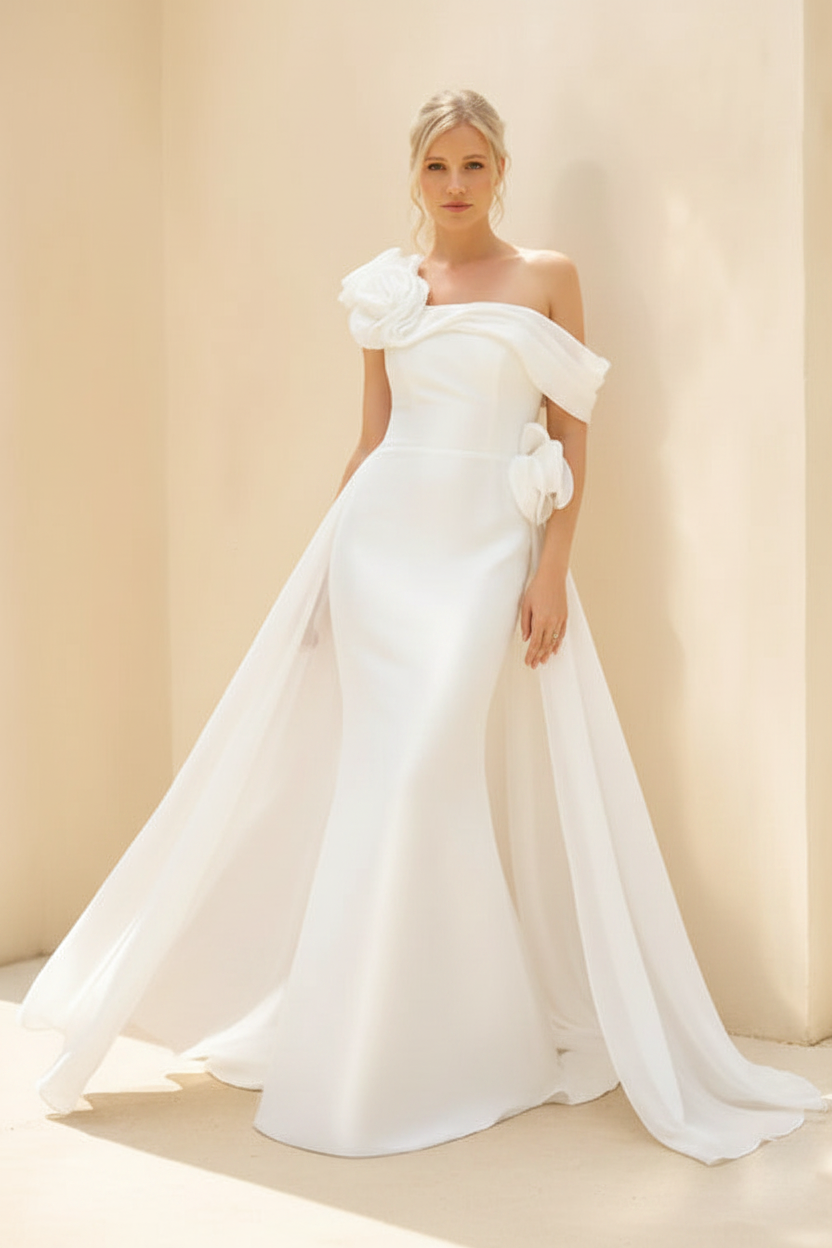 Sheath/Column Off-the-Shoulder Long Sleeves Floor-Length Mother of the Bride & Groom Dresses with Flower & Overskirt