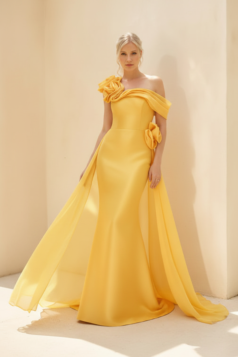 Sheath/Column Off-the-Shoulder Long Sleeves Floor-Length Mother of the Bride & Groom Dresses with Flower & Overskirt