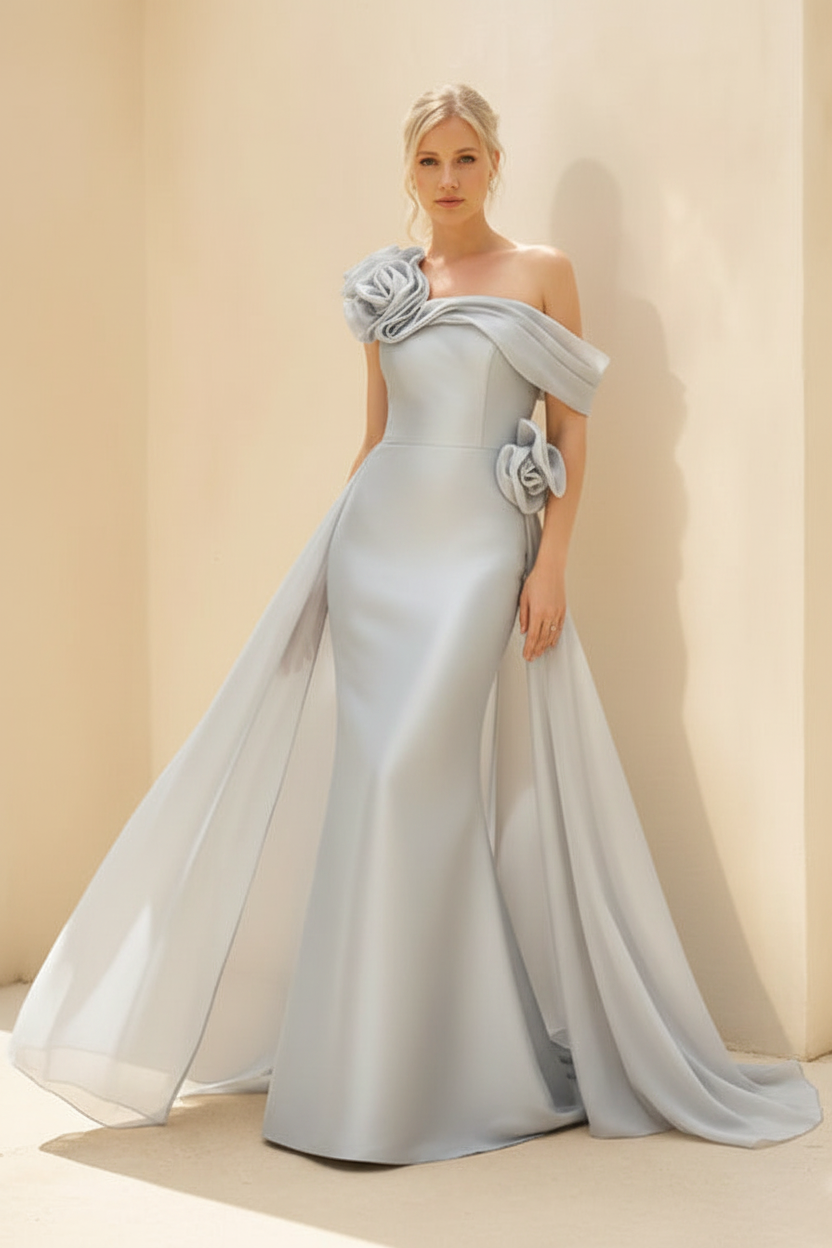 Sheath/Column Off-the-Shoulder Long Sleeves Floor-Length Mother of the Bride & Groom Dresses with Flower & Overskirt