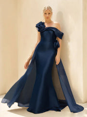 Sheath/Column Off-the-Shoulder Long Sleeves Floor-Length Mother of the Bride & Groom Dresses with Flower & Overskirt