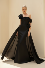 Sheath/Column Off-the-Shoulder Long Sleeves Floor-Length Mother of the Bride & Groom Dresses with Flower & Overskirt